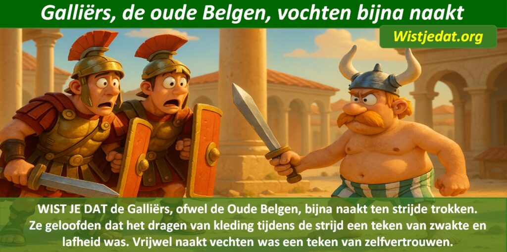 Gratis grappige cartoon foto over een oude Belg Galliër die bijna naakt de strijd aangaat tegen Romeinen met leuke weetjes, wist je datjes