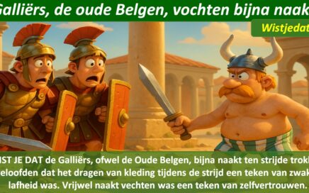 Gratis grappige cartoon foto over een oude Belg Galliër die bijna naakt de strijd aangaat tegen Romeinen met leuke weetjes, wist je datjes