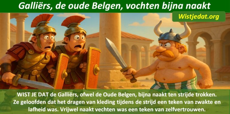 Gratis grappige cartoon foto over een oude Belg Galliër die bijna naakt de strijd aangaat tegen Romeinen met leuke weetjes, wist je datjes