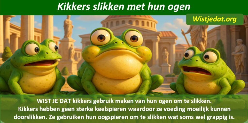 Gratis grappige cartoon foto met drie kikkers die verbaasd kijken als één slikt met zijn ogen met leuke weetjes, wist je datjes
