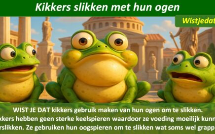 Gratis grappige cartoon foto met drie kikkers die verbaasd kijken als één slikt met zijn ogen met leuke weetjes, wist je datjes