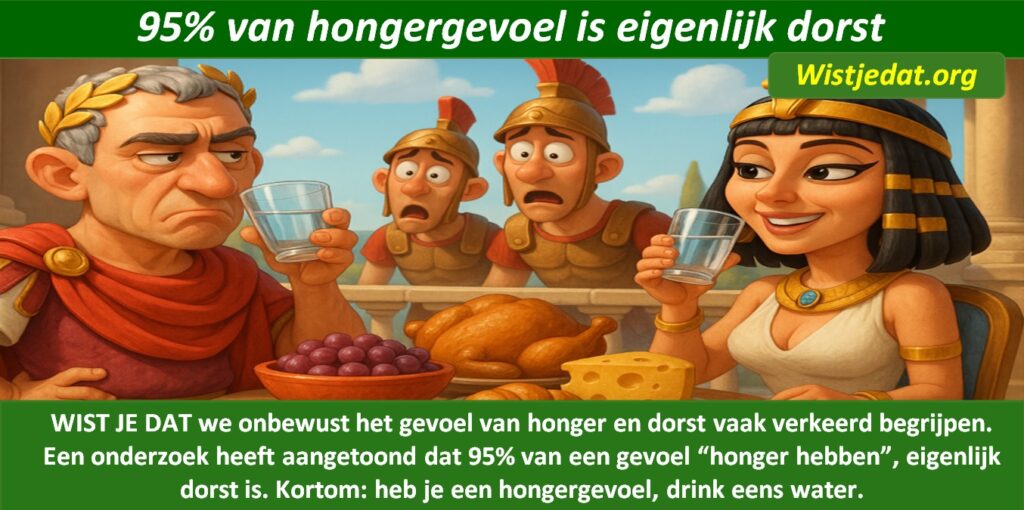 Gratis grappige cartoon foto van man die water drinkt maar eigenlijk honger heeft met leuke weetjes, wist je datjes