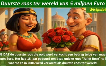 Gratis grappige cartoon foto met man die mooie rode rozen overhandigt aan zijn lieve vrouw met weetje en wist je datje