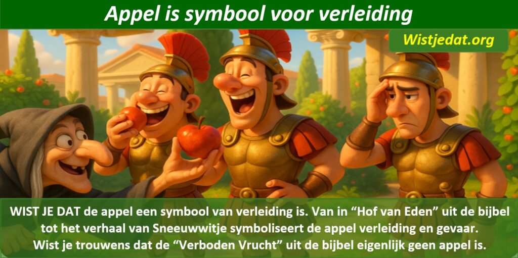 Gratis grappige cartoon foto met een heks die een appel geeft aan soldaten zoals het sprookje met leuke weetjes, wist je datjes