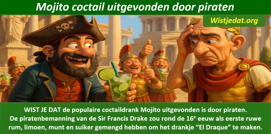 Gratis grappige cartoon foto over een piraat en zijn uitvinding van cocktails met leuke weetjes, wist je datjes