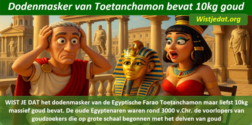Gratis grappige cartoon foto met het gouden beeld van Farao Toetanchamon met leuke weetjes, wist je datjes over goud