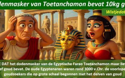 Gratis grappige cartoon foto met het gouden beeld van Farao Toetanchamon met leuke weetjes, wist je datjes over goud