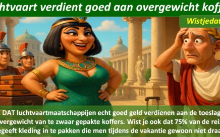 Gratis grappige cartoon foto met man en vrouw op vakantie en te veel koffers waaraan luchtvaartmaatschappijen goed geld verdienen, met leuke weetjes en wist je datjes