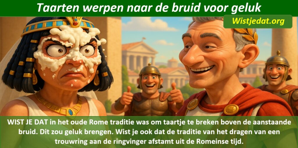 Gratis grappige cartoon foto met bruid en bruidegom en taart in het gezicht met leuke weetjes, wist je datjes
