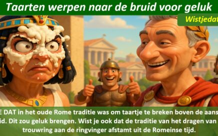 Gratis grappige cartoon foto met bruid en bruidegom en taart in het gezicht met leuke weetjes, wist je datjes